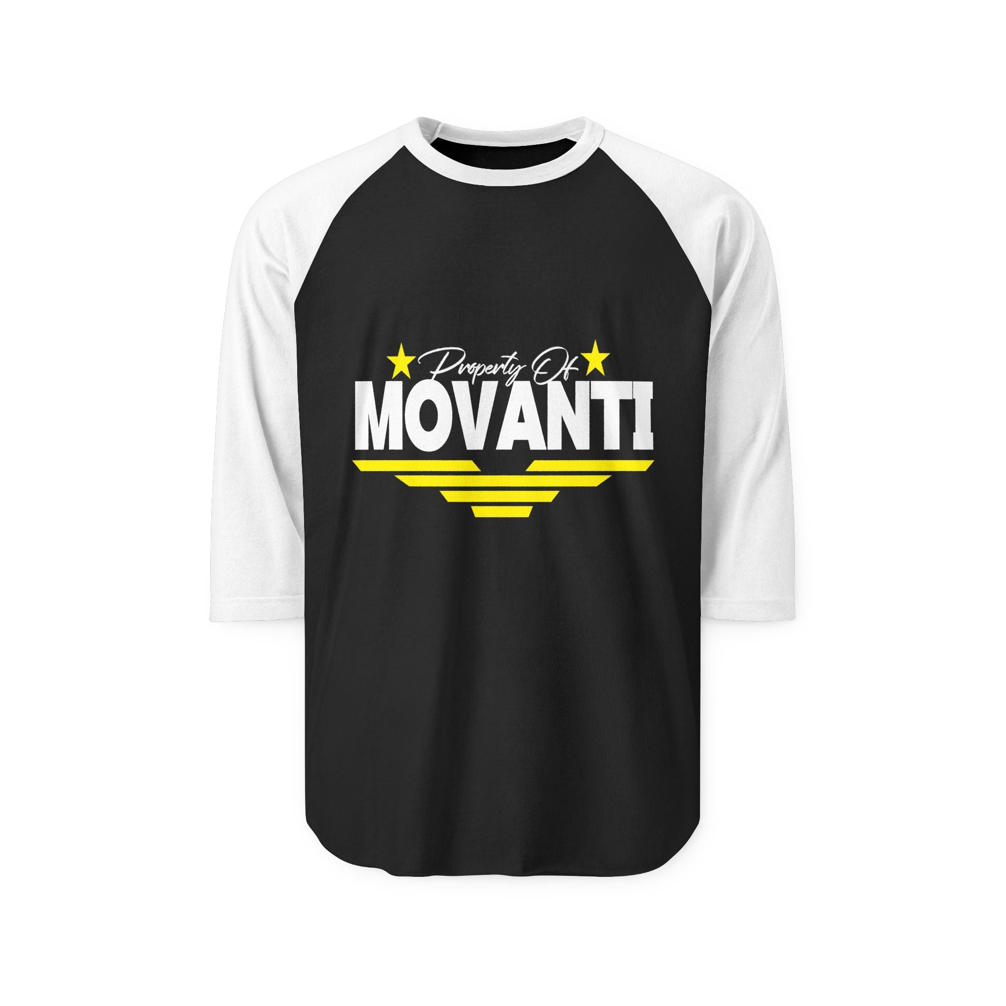 Movanti Retro Racing Raglan Shirt — "Property Of MOVANTI" 3/4 Sleeve Baseball Tee