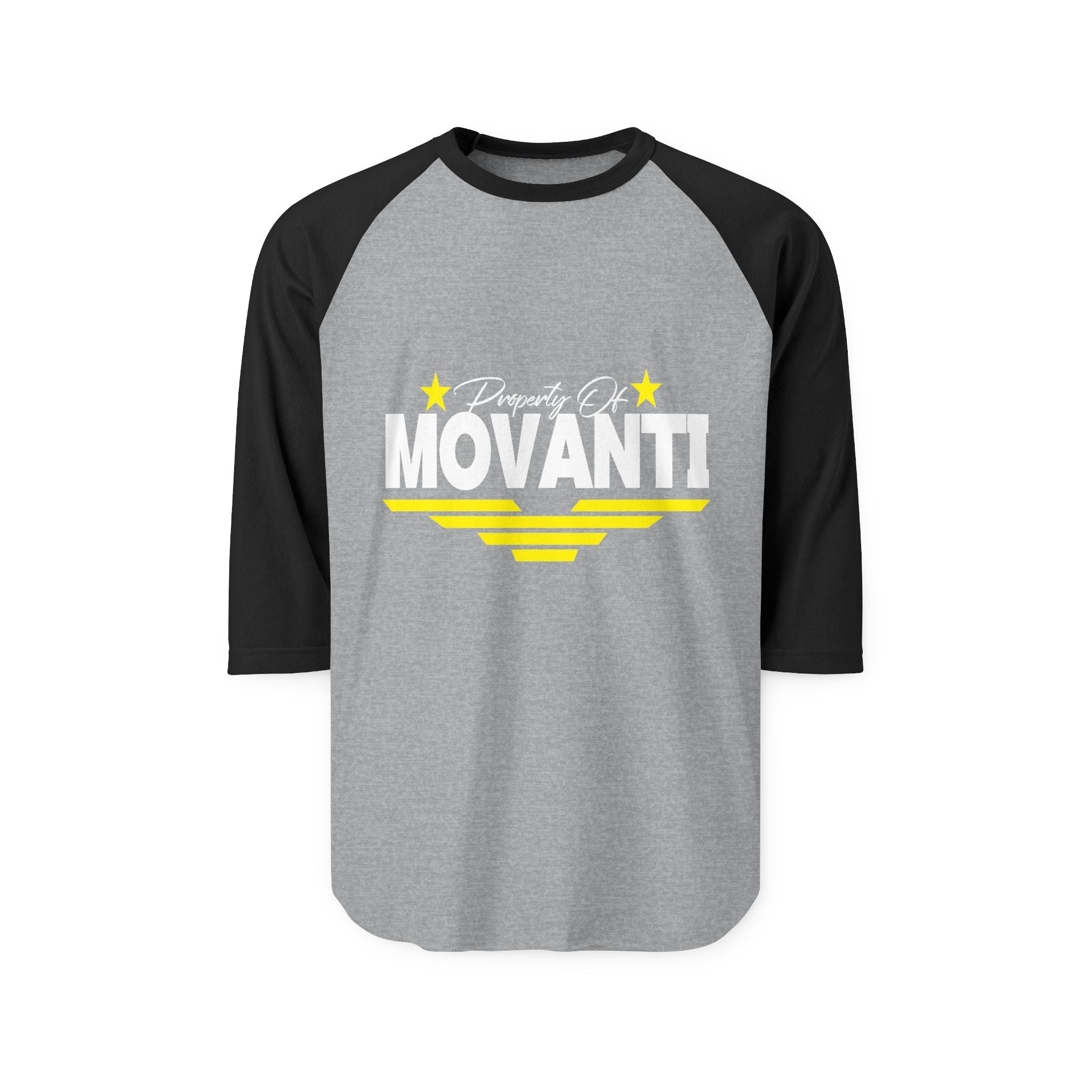 Movanti Retro Racing Raglan Shirt — "Property Of MOVANTI" 3/4 Sleeve Baseball Tee