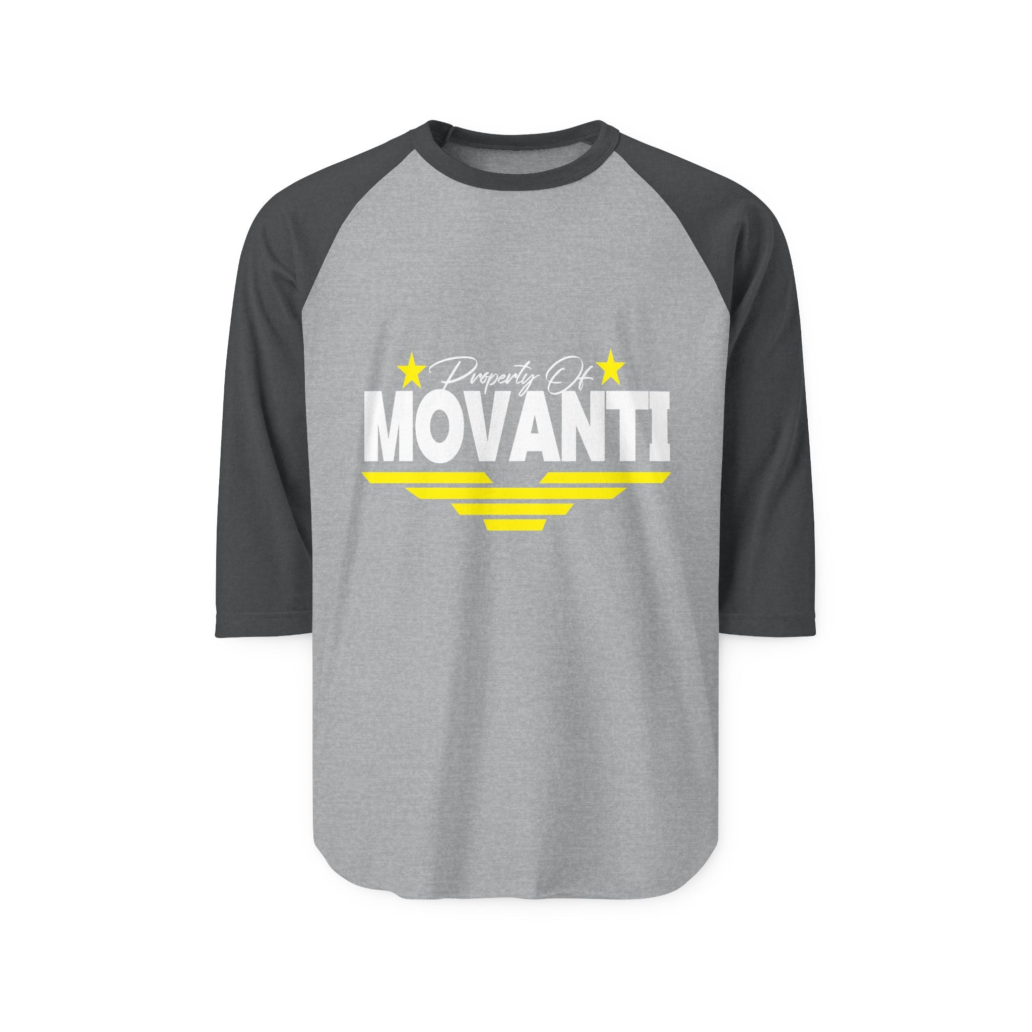 Movanti Retro Racing Raglan Shirt — "Property Of MOVANTI" 3/4 Sleeve Baseball Tee