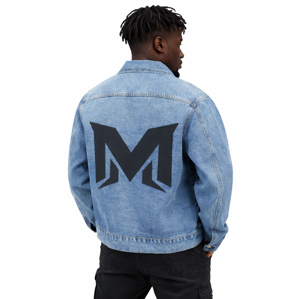 Movanti Denim Jacket — Bold 'M' Logo Backed Men's Jean Jacket