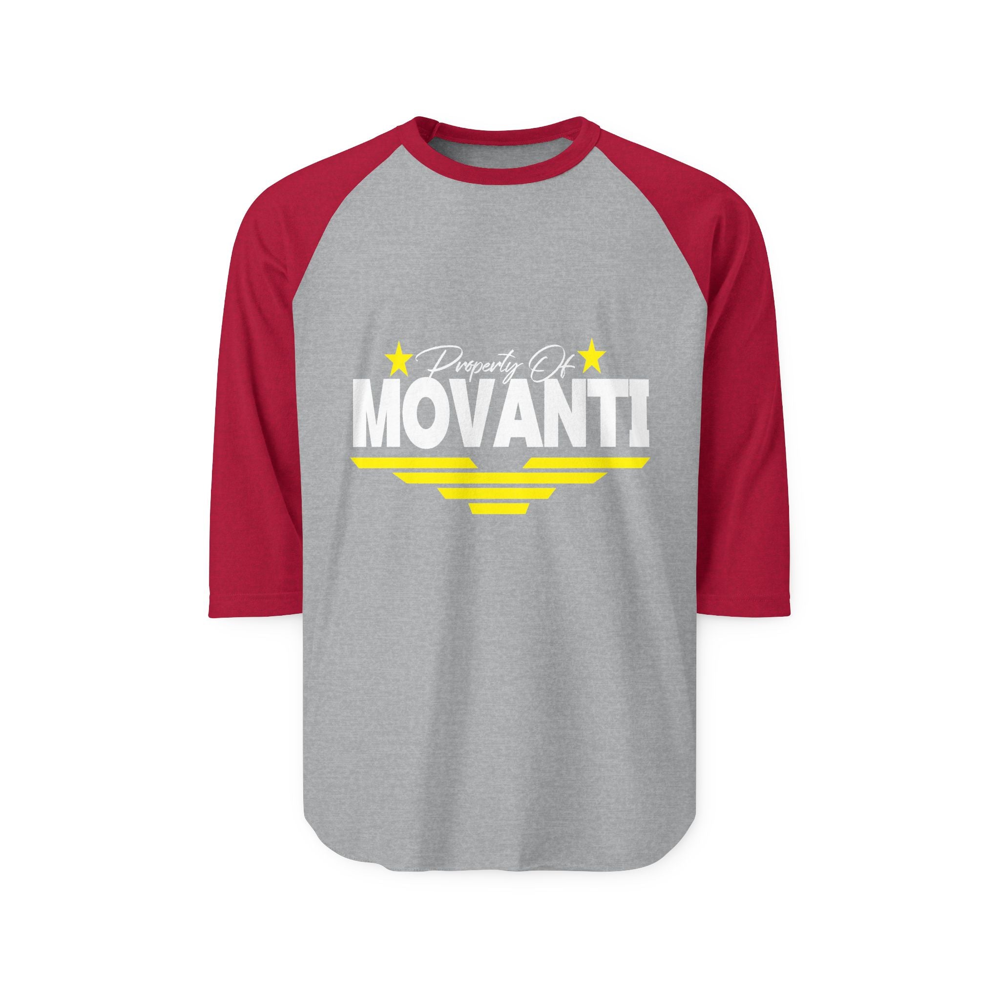 Movanti Retro Racing Raglan Shirt — "Property Of MOVANTI" 3/4 Sleeve Baseball Tee