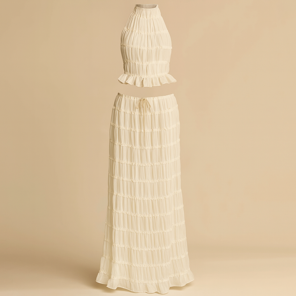 2pcs Women's Dress Suit Sexy Sleeveless Backless Cropped Halter Top And Pleated Long Skirt Beach Clothing