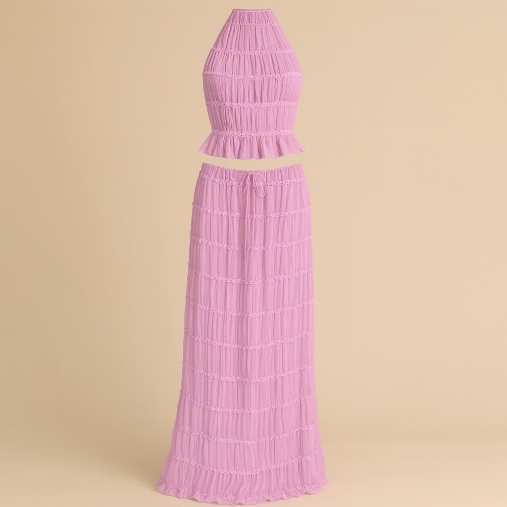 2pcs Women's Dress Suit Sexy Sleeveless Backless Cropped Halter Top And Pleated Long Skirt Beach Clothing