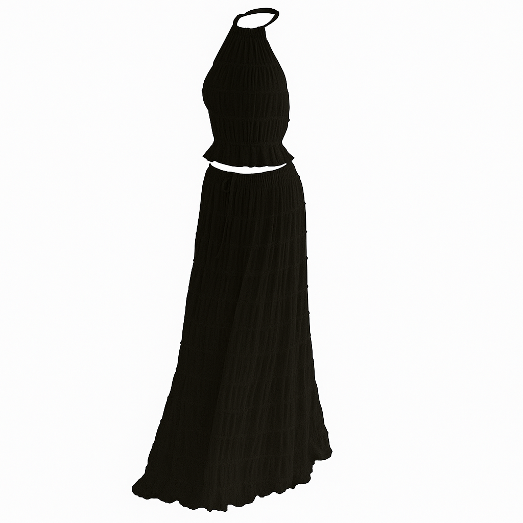 2pcs Women's Dress Suit Sexy Sleeveless Backless Cropped Halter Top And Pleated Long Skirt Beach Clothing