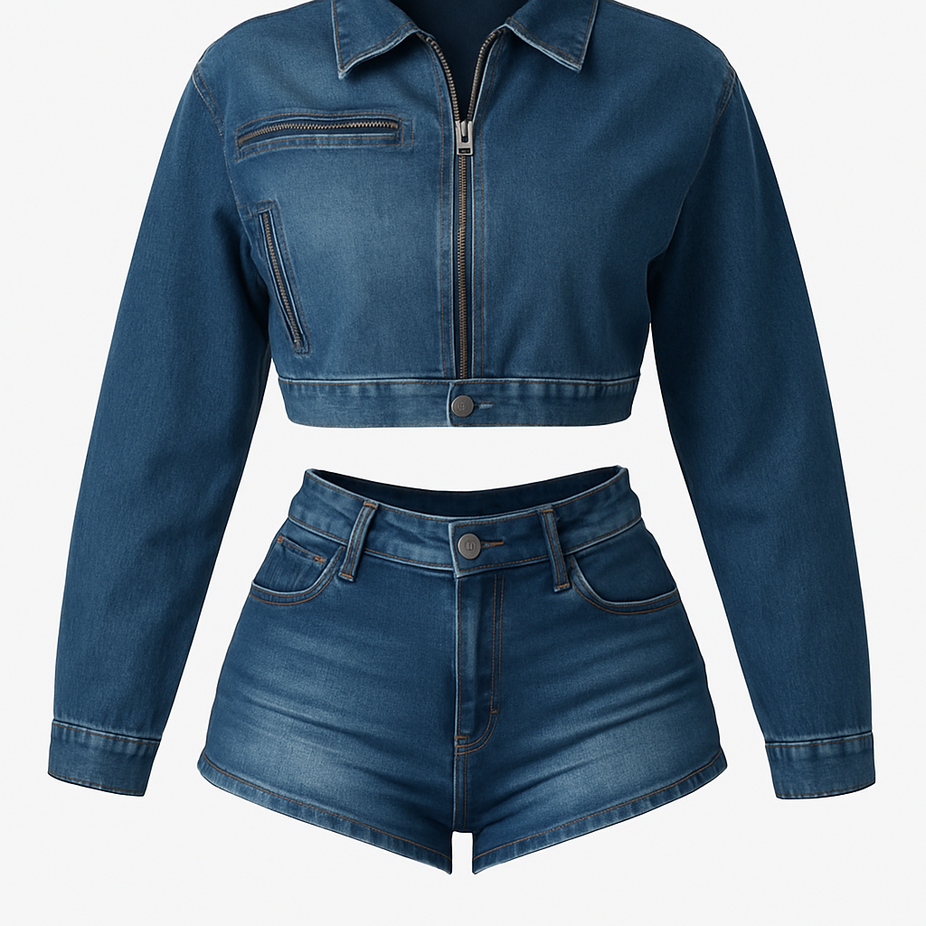 Casual Stretch Denim Coat Shorts Two-piece Set