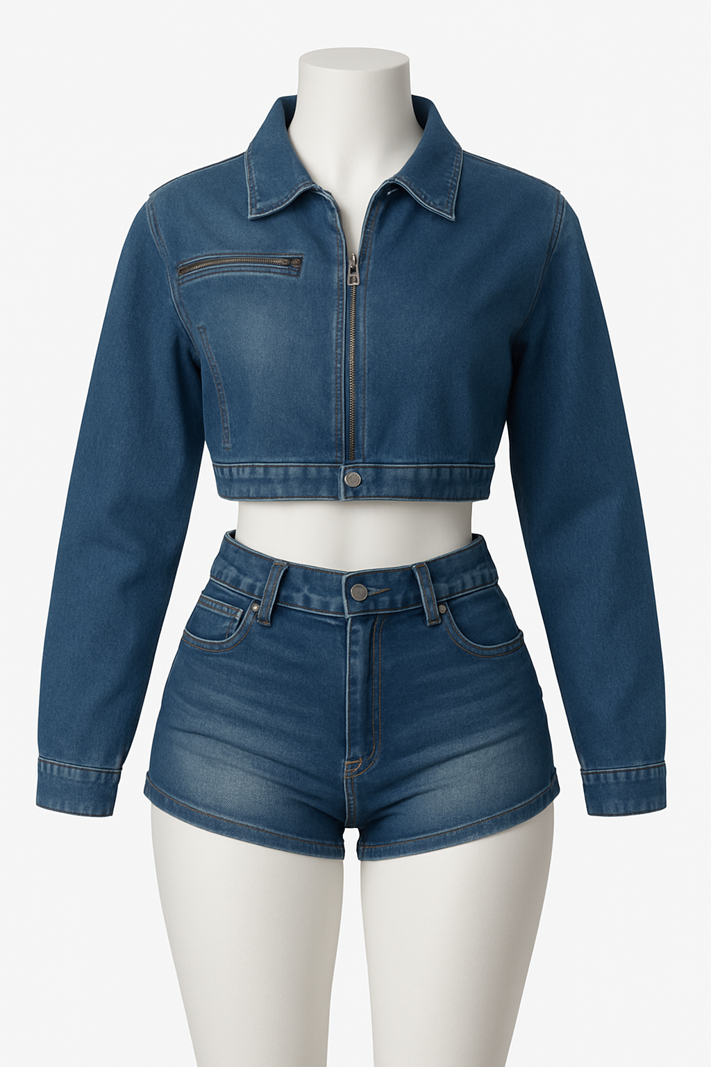 Casual Stretch Denim Coat Shorts Two-piece Set