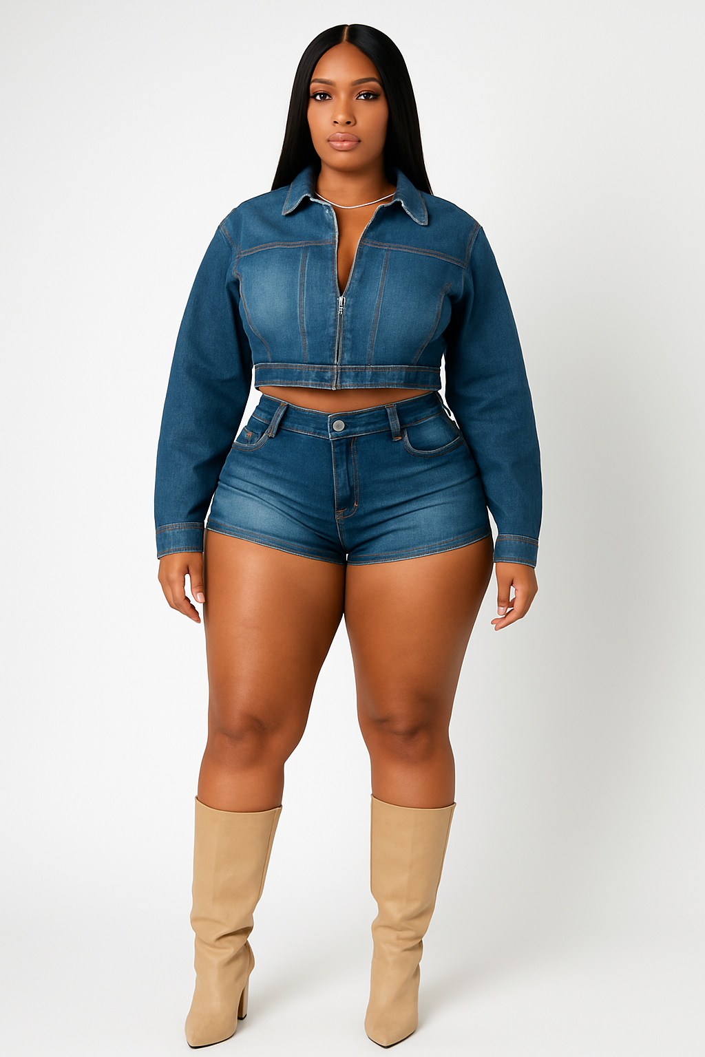Casual Stretch Denim Coat Shorts Two-piece Set