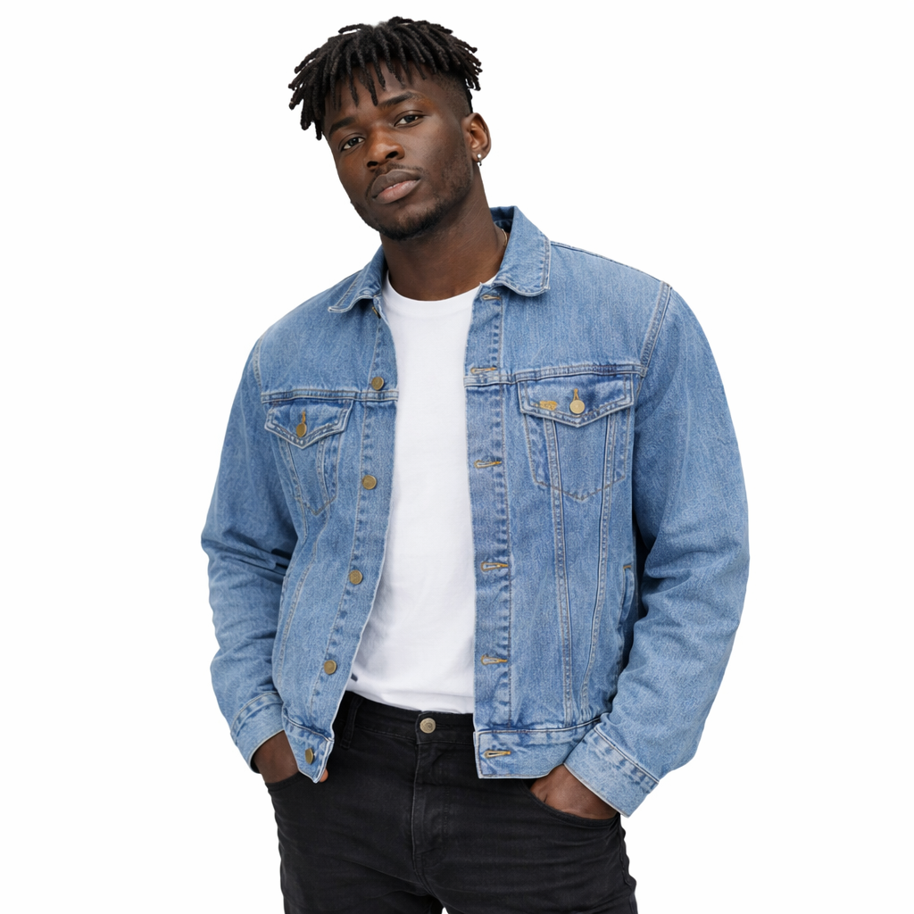 Movanti Denim Jacket — Bold 'M' Logo Backed Men's Jean Jacket