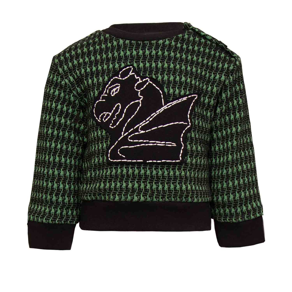 Black and green pied de poule Baby Sweatshirt with Dragon Appliqué-0