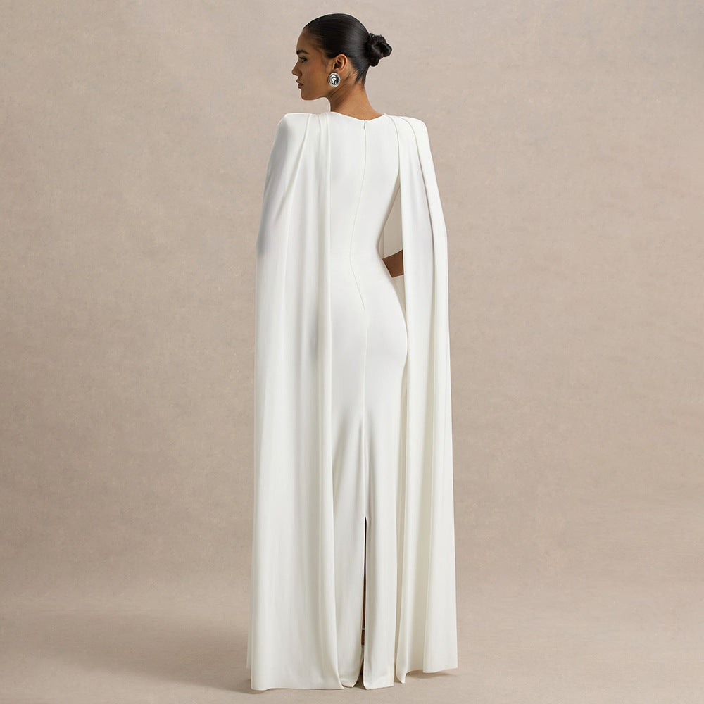 Solid Color Round-neck Pleated Shawl Slim Dress